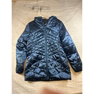 i5 Apparel Women's Quilted Puffer Hooded Jacket Dark‎ Blue Shiny Size L